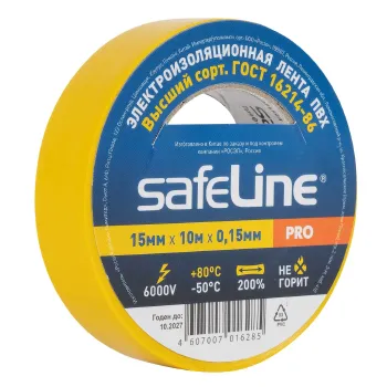 Изображение товара Изолента Safeline 15ммх10м желтая для электромонтажа Изображение товара Изолента Safeline 15ммх10м желтая для электромонтажа