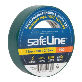 Изображение товара Изолента Safeline 15ммх10м зеленая ПВХ для электромонтажа Изображение товара Изолента Safeline 15ммх10м зеленая ПВХ для электромонтажа