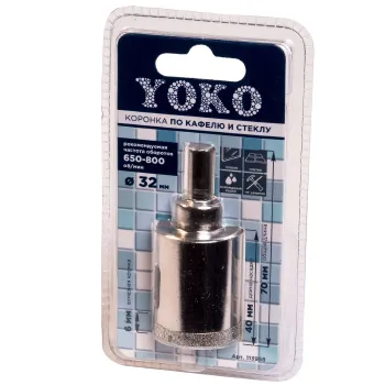 Изображение товара Коронка алмазная Yoko по кафелю и стеклу 32 мм с центрирующим сверлом Изображение товара Коронка алмазная Yoko по кафелю и стеклу 32 мм с центрирующим сверлом