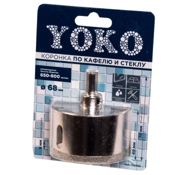 Изображение товара Коронка алмазная Yoko по кафелю и стеклу 68 мм с центрирующим сверлом Изображение товара Коронка алмазная Yoko по кафелю и стеклу 68 мм с центрирующим сверлом