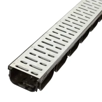 Изображение товара Водоотводный пластиковый лоток со стальной решеткой Standartpark Spark 1000х74х125 мм Изображение товара Водоотводный пластиковый лоток со стальной решеткой Standartpark Spark 1000х74х125 мм