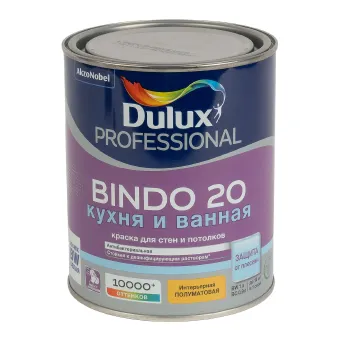 Изображение товара Полуматовая латексная краска Dulux Bindo-20 для влажных помещений 1л Изображение товара Полуматовая латексная краска Dulux Bindo-20 для влажных помещений 1л