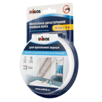 Изображение товара Двусторонняя клейкая лента для зеркал UNIBOB 19ммх5м вспененная белая Изображение товара Двусторонняя клейкая лента для зеркал UNIBOB 19ммх5м вспененная белая