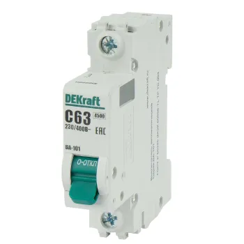 Изображение товара Автоматический однополюсный выключатель DEKraft 63А 230В C 4.5кА Изображение товара Автоматический однополюсный выключатель DEKraft 63А 230В C 4.5кА
