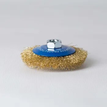 Изображение товара Щетка коническая 100мм М14 для УШМ латунная витая Yoko Изображение товара Щетка коническая 100мм М14 для УШМ латунная витая Yoko