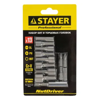 Изображение товара Набор бит с магнитным адаптером и торцевыми головками 13 предметов Stayer Изображение товара Набор бит с магнитным адаптером и торцевыми головками 13 предметов Stayer