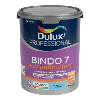 Изображение товара Интерьерная моющаяся краска Dulux Bindo 7 матовая 4,5л для стен и потолков Изображение товара Интерьерная моющаяся краска Dulux Bindo 7 матовая 4,5л для стен и потолков