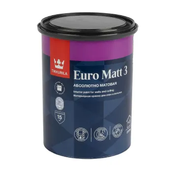 Изображение товара Интерьерная латексная краска Tikkurila Euro Matt 3 база A 0.9л для стен и потолков Изображение товара Интерьерная латексная краска Tikkurila Euro Matt 3 база A 0.9л для стен и потолков