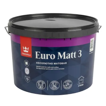 Изображение товара Краска для гостиной и спальни Tikkurila Euro Matt 3 база A 9 л белая Изображение товара Краска для гостиной и спальни Tikkurila Euro Matt 3 база A 9 л белая