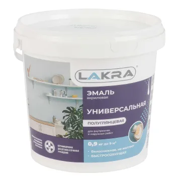 Изображение товара Эмаль акриловая Лакра белая полуглянцевая 0,9 кг для интерьера и фасада Изображение товара Эмаль акриловая Лакра белая полуглянцевая 0,9 кг для интерьера и фасада