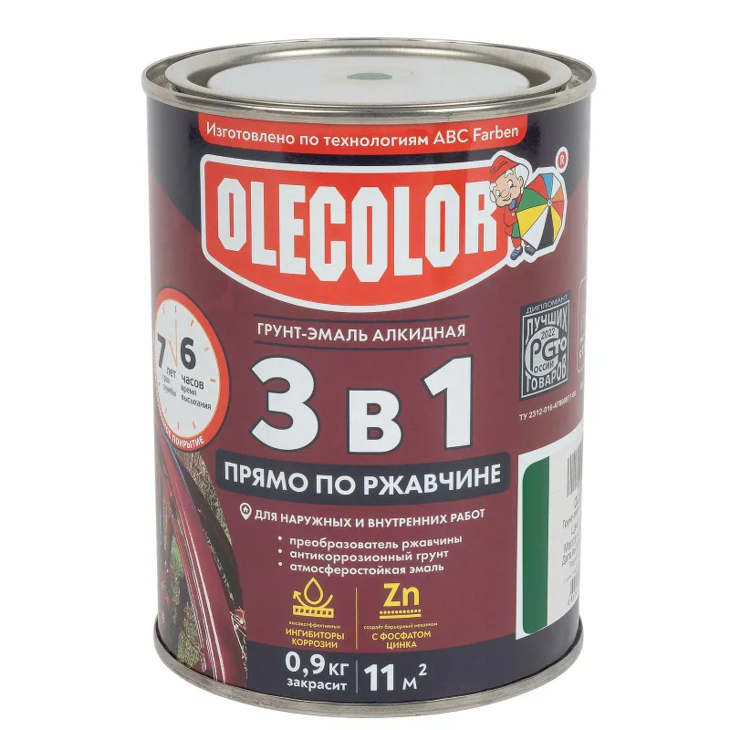 Грунт-эмаль по ржавчине 3 в 1 Olecolor зеленая 0,9 кг_1