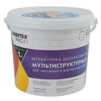 Изображение товара Декоративная мультиструктурная штукатурка FARBITEX PROFI 4,5 л для внутренних и наружных работ Изображение товара Декоративная мультиструктурная штукатурка FARBITEX PROFI 4,5 л для внутренних и наружных работ