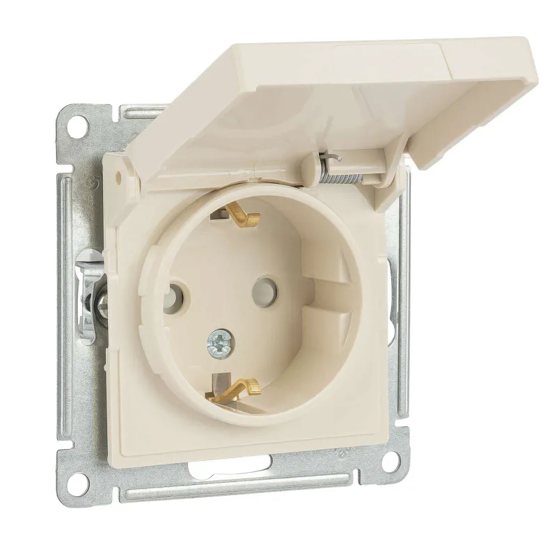 Механизм розетки с заземлением со шторками и крышкой AtlasDesign бежевый IP20 Systeme Electric_1