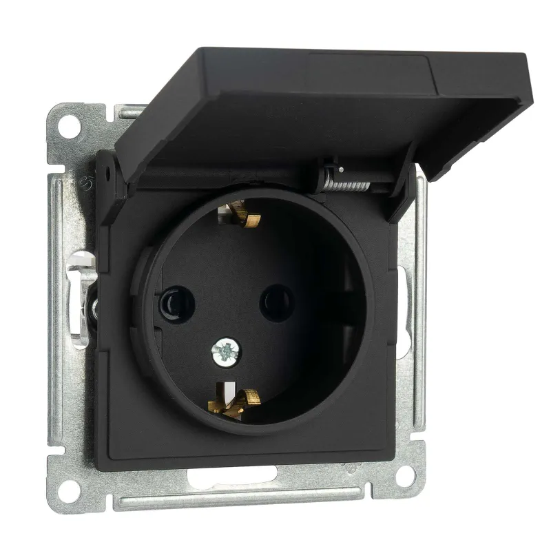 Механизм розетки с заземлением со шторками и крышкой AtlasDesign карбон IP20 Systeme Electric_1