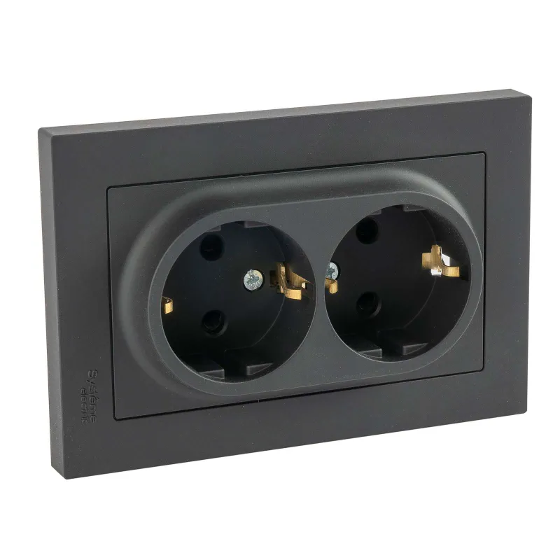 Розетка двухместная с заземлением со шторками AtlasDesign карбон IP20 Systeme Electric_1