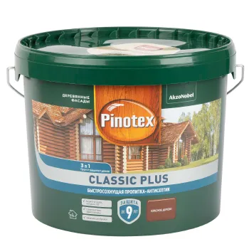 Изображение товара Декоративно-защитное средство для дерева Pinotex Classic Plus 3 в 1 9л красное дерево Изображение товара Декоративно-защитное средство для дерева Pinotex Classic Plus 3 в 1 9л красное дерево