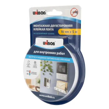 Изображение товара Лента клейкая двусторонняя Unibob 19 мм х 5 м вспененная Изображение товара Лента клейкая двусторонняя Unibob 19 мм х 5 м вспененная
