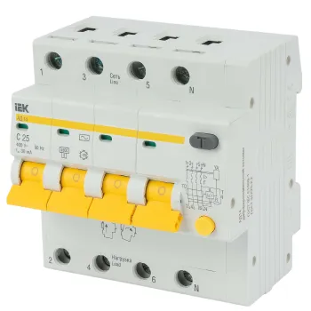 Изображение товара Выключатель автоматический дифференциальный 4 полюса 25А 30мА IEK тип АС Изображение товара Выключатель автоматический дифференциальный 4 полюса 25А 30мА IEK тип АС