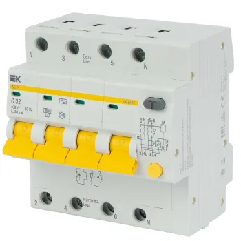 Изображение товара Выключатель автоматический дифференциального тока 4полюсный IEK 32А 30мА 6kA тип АС Изображение товара Выключатель автоматический дифференциального тока 4полюсный IEK 32А 30мА 6kA тип АС