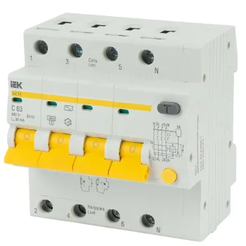 Изображение товара Выключатель автоматический дифференциальный C 63А 30мА 6кА IEK 4-полюсный Изображение товара Выключатель автоматический дифференциальный C 63А 30мА 6кА IEK 4-полюсный