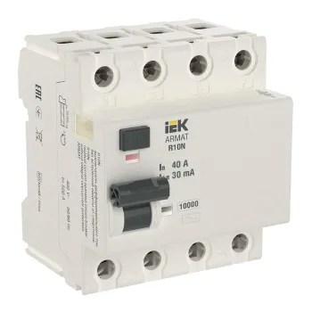 Изображение товара Четырехполюсное УЗО IEK R10N 40А 30мА тип AC для защиты электросетей Изображение товара Четырехполюсное УЗО IEK R10N 40А 30мА тип AC для защиты электросетей