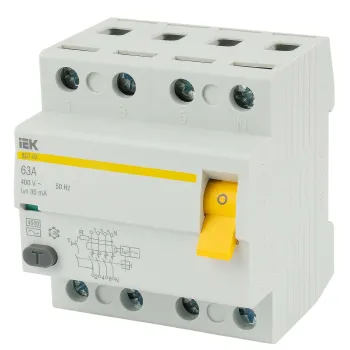 Изображение товара УЗО четырехполюсное 63А 30мА тип АС IEK для безопасной защиты электросистем Изображение товара УЗО четырехполюсное 63А 30мА тип АС IEK для безопасной защиты электросистем