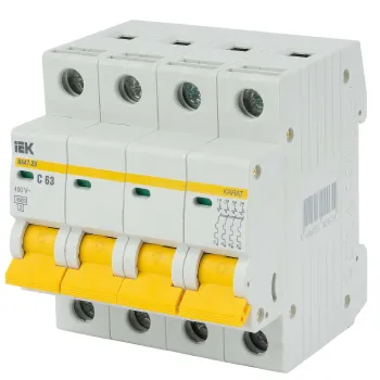 Изображение товара Автоматический выключатель IEK C 63А 4.5кА четырехполюсный для защиты электросетей Изображение товара Автоматический выключатель IEK C 63А 4.5кА четырехполюсный для защиты электросетей