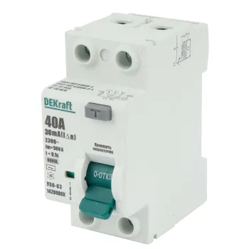 Изображение товара УЗО двухполюсное 40А 30мА тип AC DEKraft для электробезопасности Изображение товара УЗО двухполюсное 40А 30мА тип AC DEKraft для электробезопасности