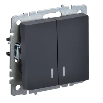 Изображение товара Двухклавишный выключатель с подсветкой Brite графит IEK IP20 Изображение товара Двухклавишный выключатель с подсветкой Brite графит IEK IP20