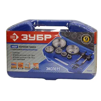 Изображение товара Набор коронок-чашек 22-73 мм с кейсом для дерева, бетона, кирпича Зубр Изображение товара Набор коронок-чашек 22-73 мм с кейсом для дерева, бетона, кирпича Зубр