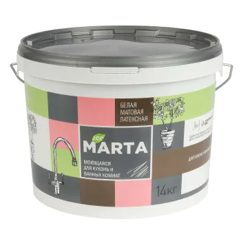 Изображение товара Матовая латексная краска для влажных помещений Марта 14кг Изображение товара Матовая латексная краска для влажных помещений Марта 14кг