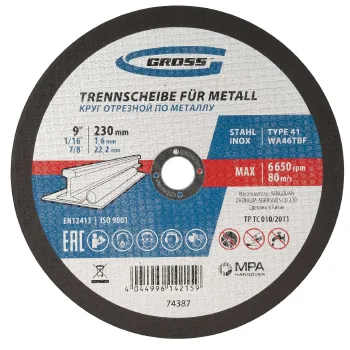 Изображение товара Круг отрезной по металлу Gross 230х1,6х22,2 для УШМ Изображение товара Круг отрезной по металлу Gross 230х1,6х22,2 для УШМ