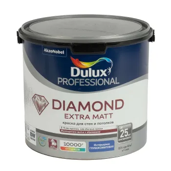 Изображение товара Интерьерная моющаяся краска Diamond Extra Matt 2,5 л Dulux белая глубокоматовая Изображение товара Интерьерная моющаяся краска Diamond Extra Matt 2,5 л Dulux белая глубокоматовая