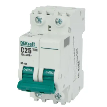 Изображение товара Автоматический выключатель двухполюсной C 25А 4.5кА DEKraft для защиты цепей Изображение товара Автоматический выключатель двухполюсной C 25А 4.5кА DEKraft для защиты цепей