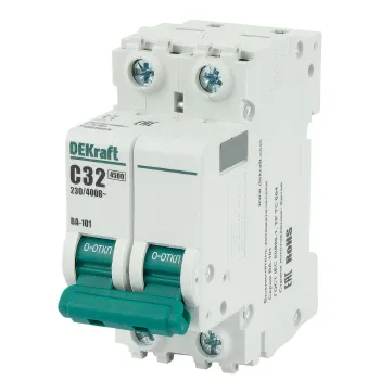 Изображение товара Выключатель автоматический двухполюсной C 32А 4.5кА DEKraft Изображение товара Выключатель автоматический двухполюсной C 32А 4.5кА DEKraft