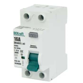 Изображение товара Двухполюсное УЗО DEKraft 16А 30мА типа AC для безопасности электросетей Изображение товара Двухполюсное УЗО DEKraft 16А 30мА типа AC для безопасности электросетей