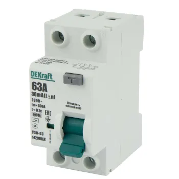 Изображение товара УЗО двухполюсное 63А 30мА тип AC DEKraft для защиты Изображение товара УЗО двухполюсное 63А 30мА тип AC DEKraft для защиты