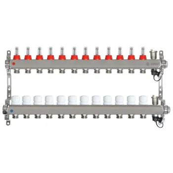 Изображение товара Коллекторная группа Taen 1" евроконус 3/4" на 12 выходов с расходомерами Изображение товара Коллекторная группа Taen 1" евроконус 3/4" на 12 выходов с расходомерами