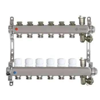 Изображение товара Коллекторная группа Taen 1" евроконус 3/4" на 6 выходов для радиаторного отопления Изображение товара Коллекторная группа Taen 1" евроконус 3/4" на 6 выходов для радиаторного отопления