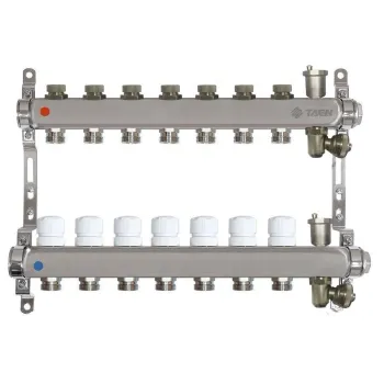 Изображение товара Коллекторная группа Taen 1 евроконус 3/4 на 7 выходов для радиаторного отопления Изображение товара Коллекторная группа Taen 1 евроконус 3/4 на 7 выходов для радиаторного отопления