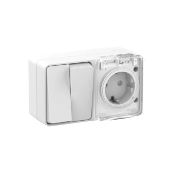 Изображение товара Блок выключателя двухклавишный и розетка с крышкой AtlasDesign IP54 Изображение товара Блок выключателя двухклавишный и розетка с крышкой AtlasDesign IP54