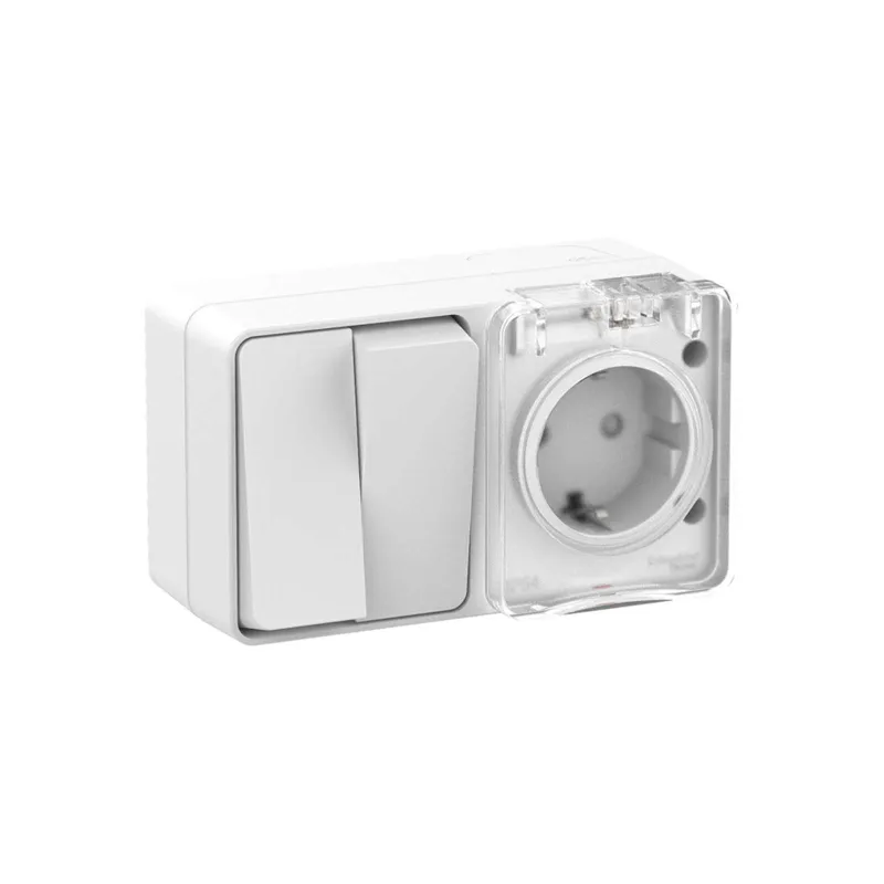 Блок выключателя двухклавишный и розетка с крышкой AtlasDesign белый IP54 Systeme Electric_1