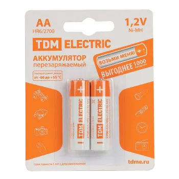 Изображение товара Аккумулятор AA TDM 2700 mAh Ni-MH 2 шт/уп Изображение товара Аккумулятор AA TDM 2700 mAh Ni-MH 2 шт/уп