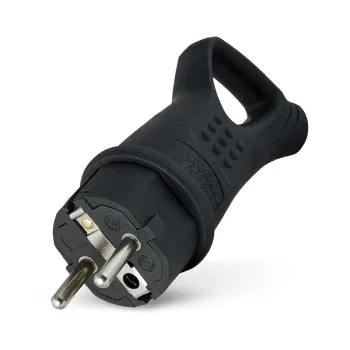 Изображение товара Вилка с ручкой и заземлением 16А 3500В черная угловая Изображение товара Вилка с ручкой и заземлением 16А 3500В черная угловая