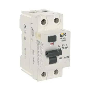 Изображение товара УЗО двухполюсный 63А 30мА тип AC IEK ARMAT R10N Изображение товара УЗО двухполюсный 63А 30мА тип AC IEK ARMAT R10N