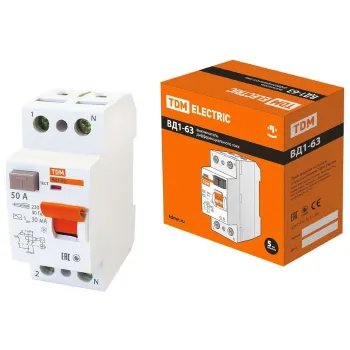 Изображение товара Двухполюсное УЗО TDM 50А 30мА тип AC для защиты электросетей Изображение товара Двухполюсное УЗО TDM 50А 30мА тип AC для защиты электросетей