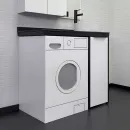 Изображение товара Тумба под стиральную машину Comforty Лозанна 100 с раковиной Comforty 9111 белый глянцевый со столешницей под мрамор Калакатта Блэк