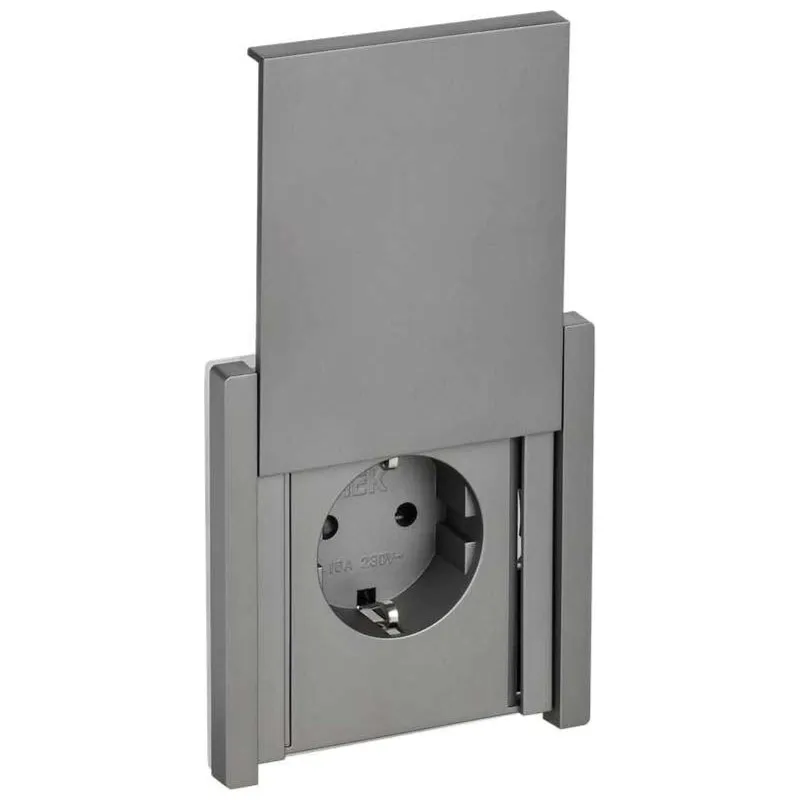 Розетка одноместная с заземлением со шторками и крышкой Forte&Piano сталь IP44 IEK_1