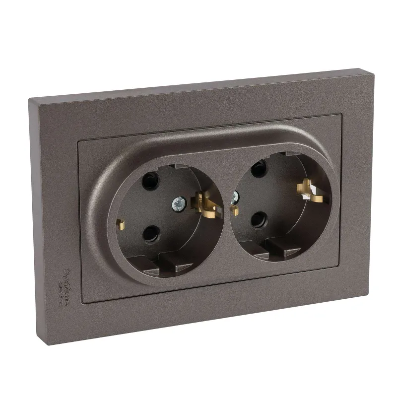 Розетка двухместная с заземлением со шторками AtlasDesign мокко IP20 Systeme Electric_1