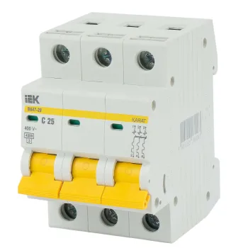 Изображение товара Выключатель автоматический трехполюсный IEK 25А 4.5кА для щитков Изображение товара Выключатель автоматический трехполюсный IEK 25А 4.5кА для щитков